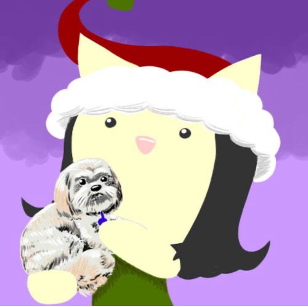 My Secret Santa avatar of me holding Teddy, the little dog I used to look after. 