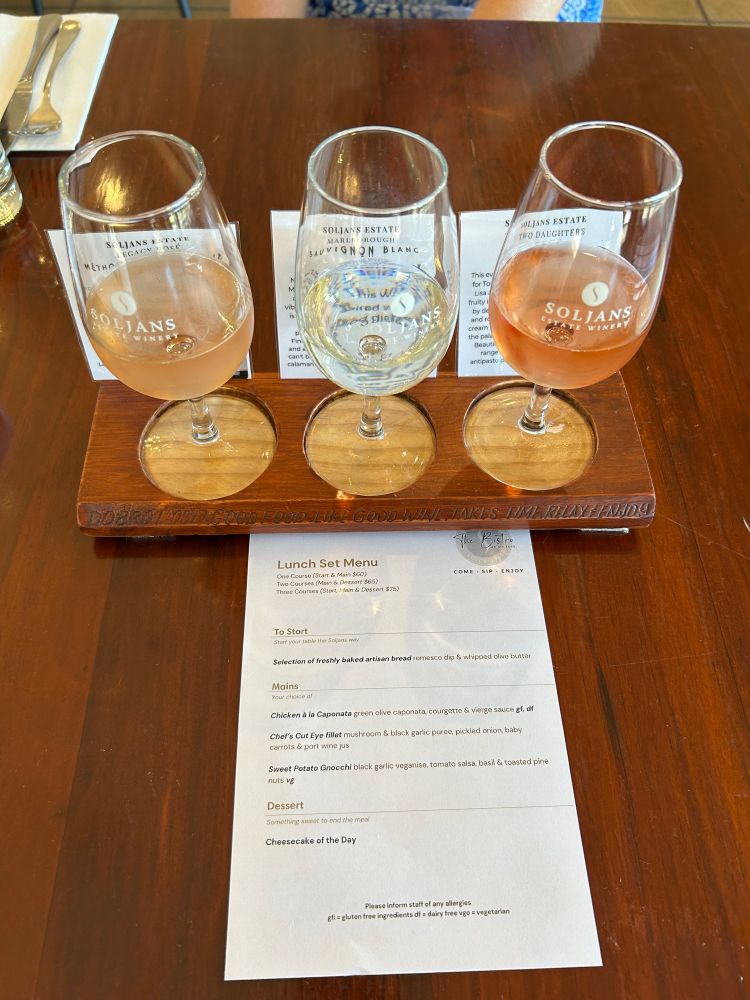 Wine tasting board. A pink sparkling methods traditionale, a Sauvignon Blanc and a Rosé. 