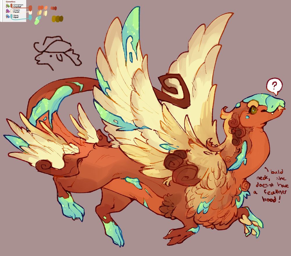 An orange, sandy yellow, and teal coatl from Flightrising. It's the same drawing as the previous image, with the shading removed.