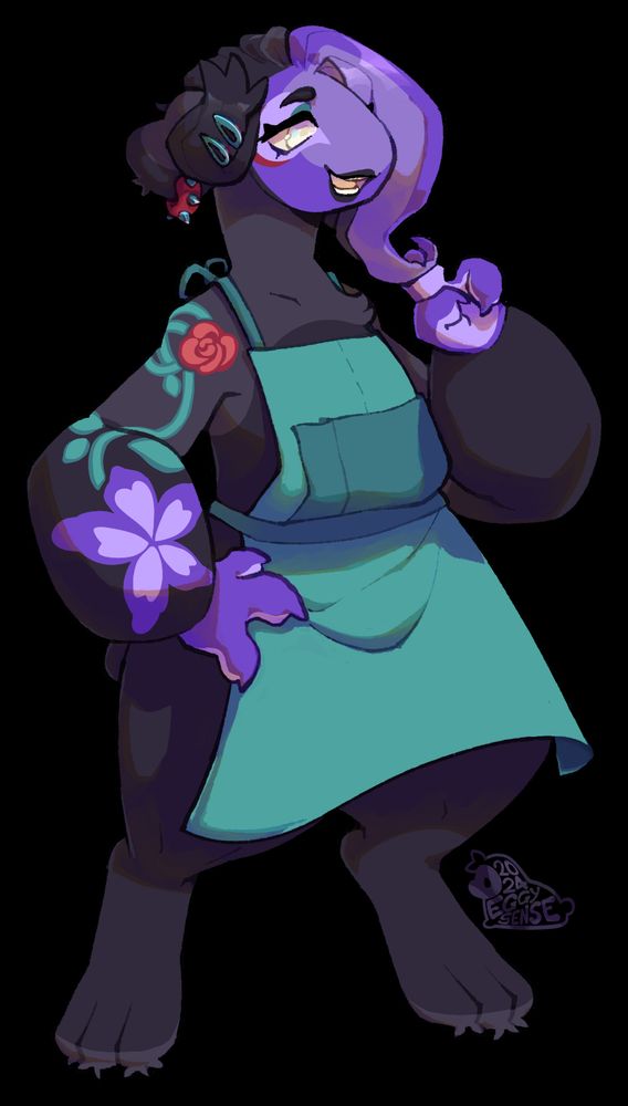 A black and purple parasplicer from griffia with a floral tattoo on her right arm. She has a teal-green apron, a purple face, and a red spiked earring. One side of her hair is purple and is curled around one of her fingers. The other side is dark grey and pinned up with two green hair clips.