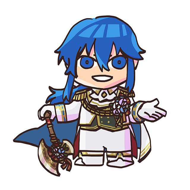 groom Seliph chibi. He is standing facing the viewer, right hand on his axe, and left hand palm facing up with the arm bent at the elbow.