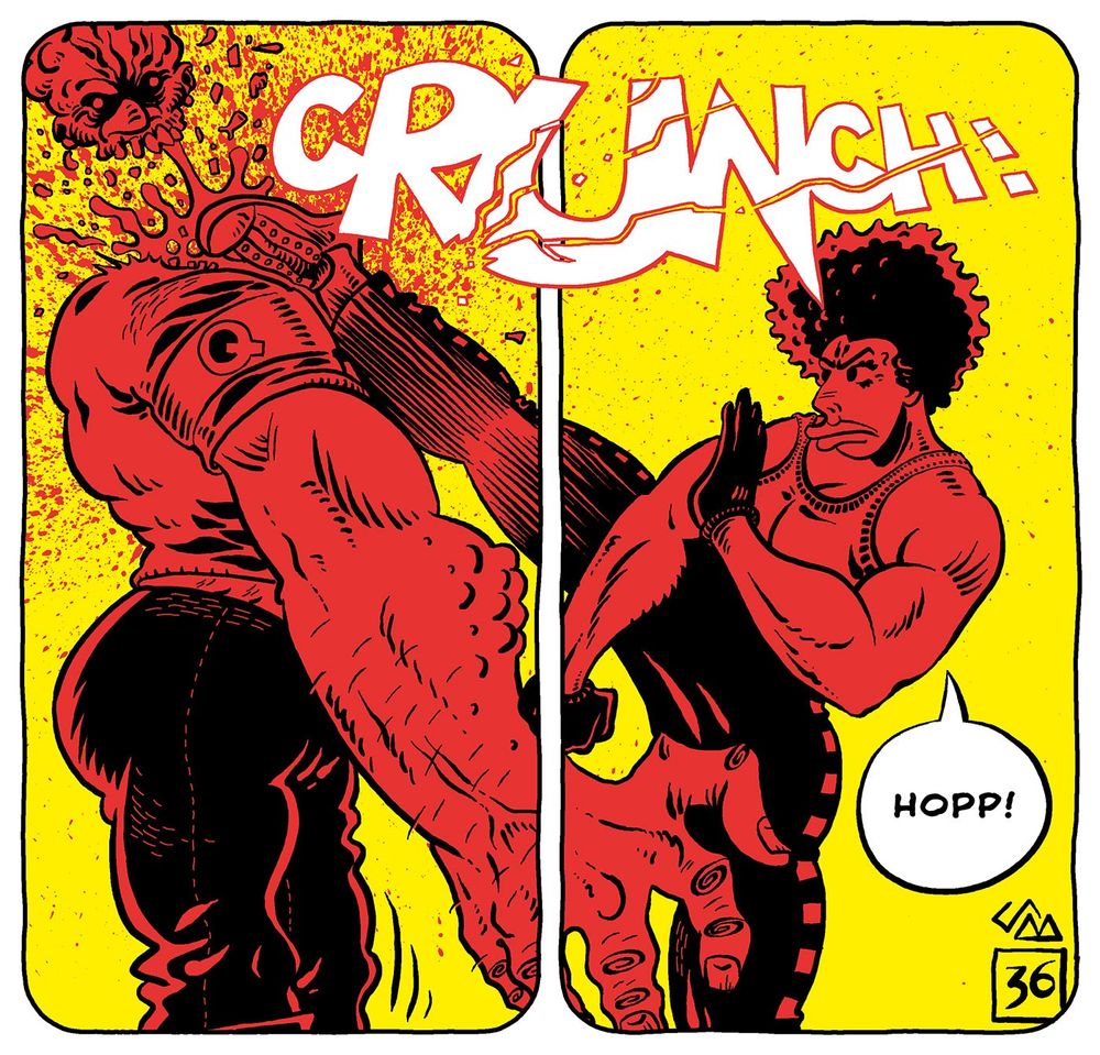 Eine Szene aus meinem Comic »Terror 3000«, in der Hauptfigur Sam einem Nazi den Kopf wegtritt und dabei sagt: »Hopp!«