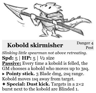 Illustrated statistics of a kobold enemy for Tactiquest, depicting a small dragon-like creature wielding a spear. Statistics are:
Kobold Skirmisher - Danger 4 Pest - Slinking little spearman not above retreating.
Speed 5. HP 5. Half size.
Passive: Every time a kobold is felled, the GM chooses a kobold who moves up to 3 squares.
Pointy stick - 3 Blade damage, 2 square range. Kobold moves 1 square away from target.
Special: Dust kick - Targets in a 2 by 2 burst next to the kobold are Blinded 1