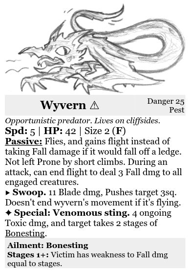 Art and TTRPG statistics for a wyvern.
