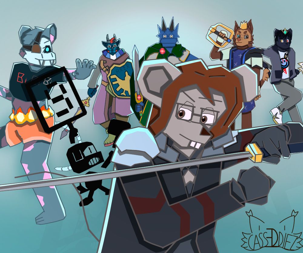 Drawn sona in the outfits of the following character from the Super Smash Bros Ultimate:
Me (Ed) as Sephiroth
Doc as Mr Game & Watch
Nick as Incineroar 
SuperM as Sora
Nath as Mythra
Kazu as Marth
Bit as Hero