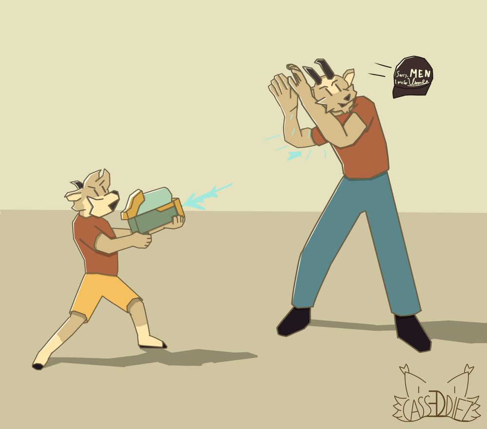 Cliff's son didn't forget about a watergun that Duncan gifted to him and he made sure his father wouldn't forget about it either. They both might look angry but it's just playful, at very least Cliff hopes so
Both are characters from Duncan and Eddie comics