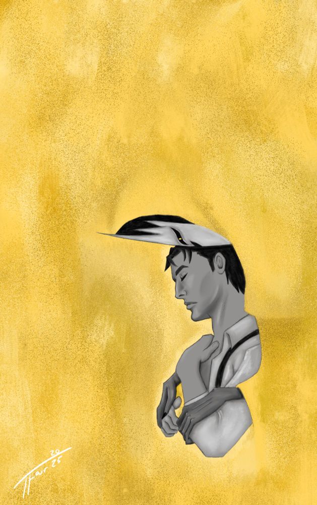 A black and white drawing of Charlie Dowd from Malevolent. He is in profile with his head tilted and eyes closed. His arms are crossed over his chest. From behind, John Doe holds onto him with spindly hands. His masked face rests atop Charlie's head, looking down at him. John's yellow cloak and the background meld into one.
