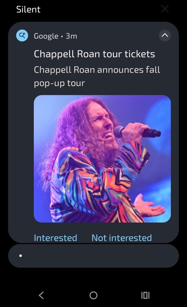 A notification from Google News that reads "Chappell Roan Tour Tickets: Chappell Roan announces fall pop-up tour"

Pictured below is Weird Al, in his curly haired glory