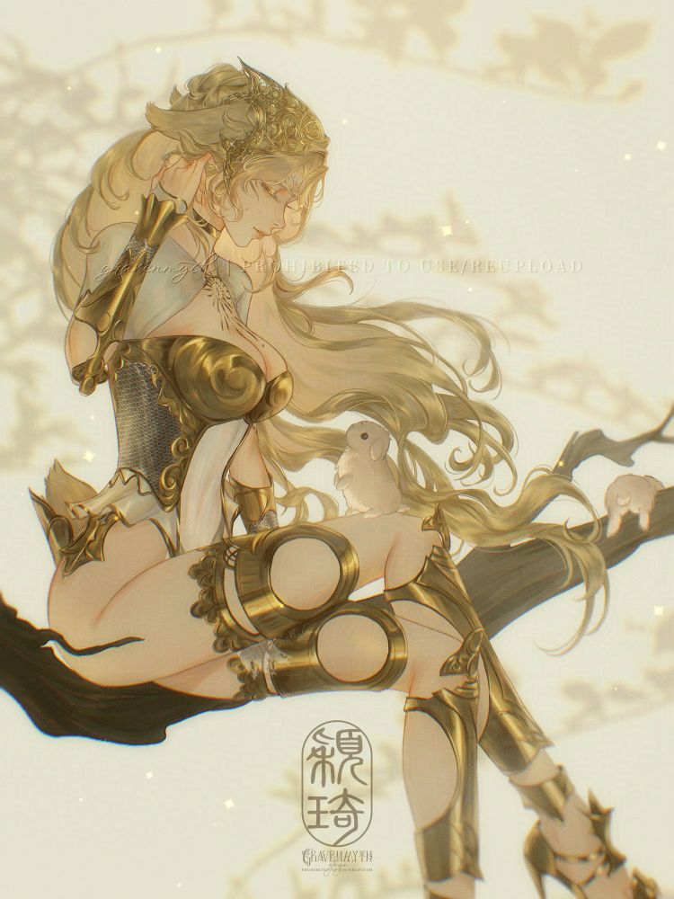 Art of my viera character from Final Fantasy 14 wearing golden viera armor and is seated on a branch. A small lop-eared rabbit looks up at her from her lap while another is laying on the branch.