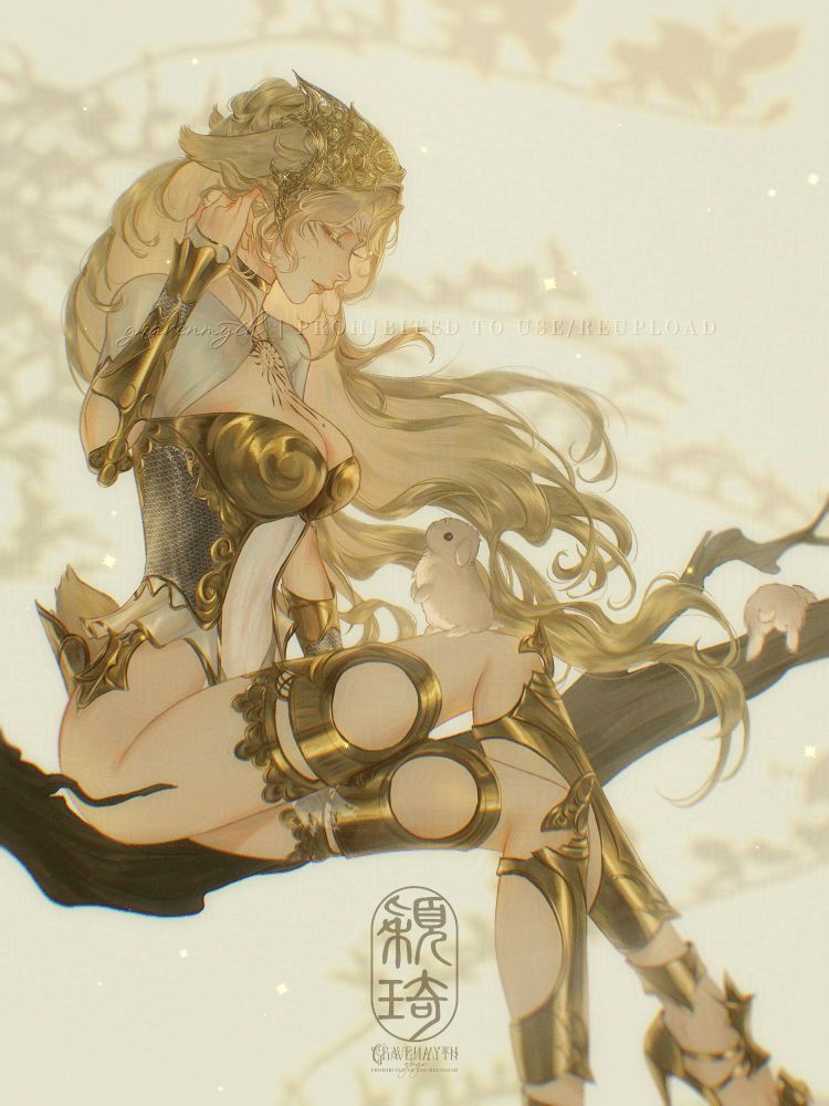 Art of my viera character from Final Fantasy 14 wearing golden viera armor and is seated on a branch. A small lop-eared rabbit looks up at her from her lap while another is laying on the branch.