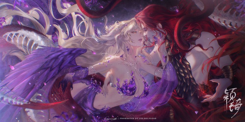 Art of Messmer the Impaler in a semi-serpentine form and my original character Megaera from Elden Ring. His serpent form is coiled around her as she's reaching down to grasp his chin. There are Grave Violet flowers around them and a black pyrefly floats above one of his hands.