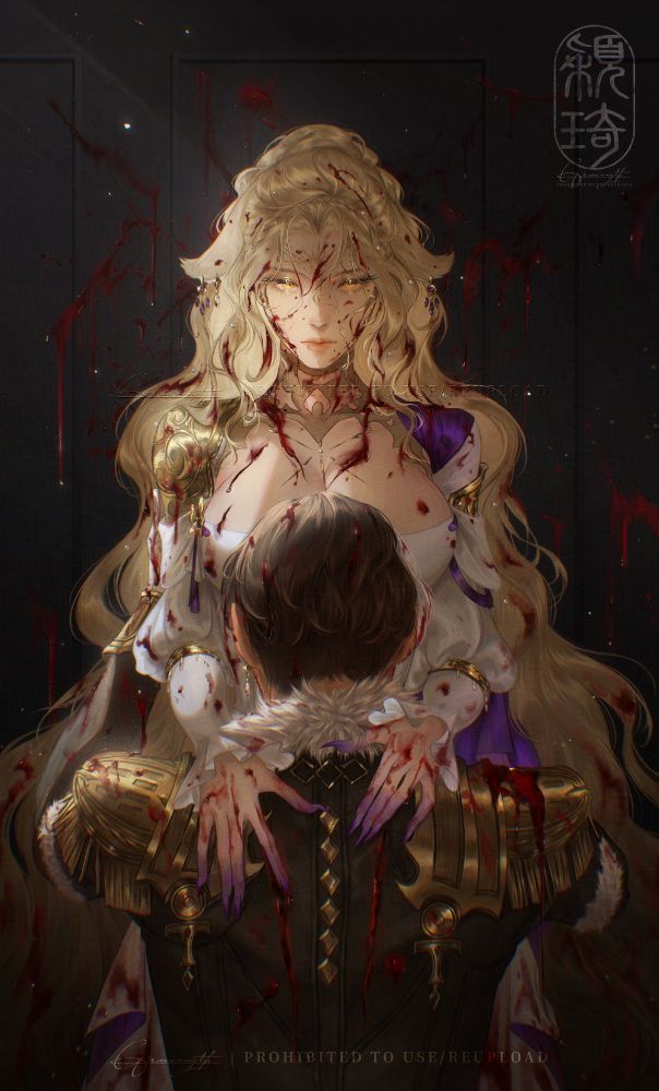 Artwork of my Viera Warrior of Light OC, Megaera and Emet-Selch from Final Fantasy 14. They are both covered in blood (hot.) and there is blood splattered on the wall behind them.