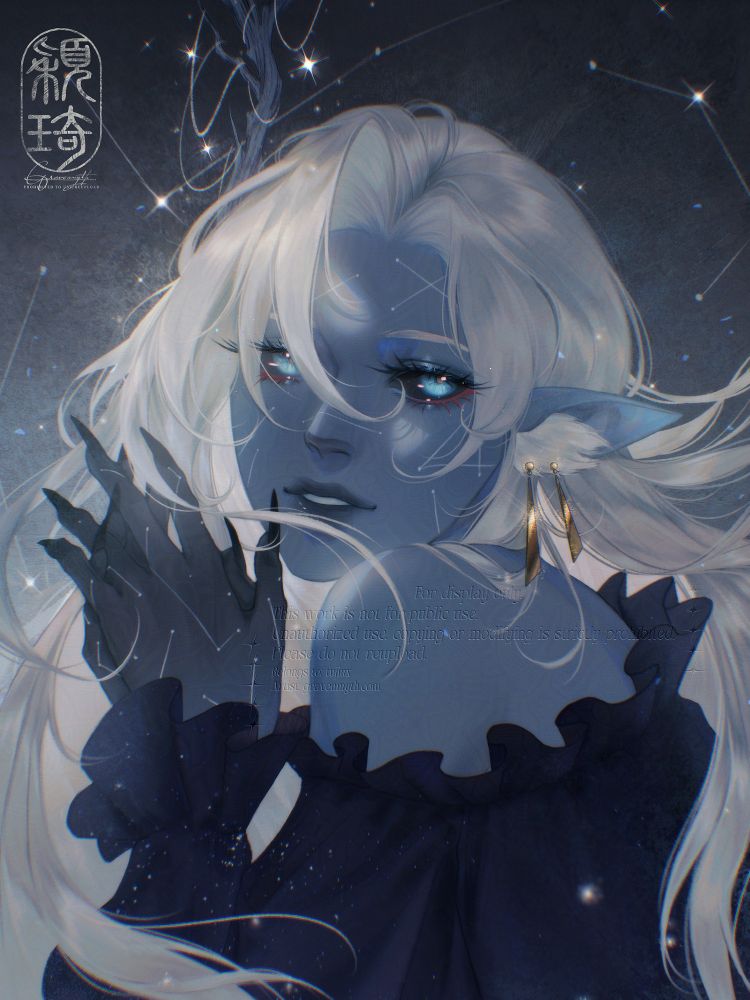 Art of a blue character with long grey hair and a branch on one side of her head. She has constellation marks on her face. Character belongs to tujiux.