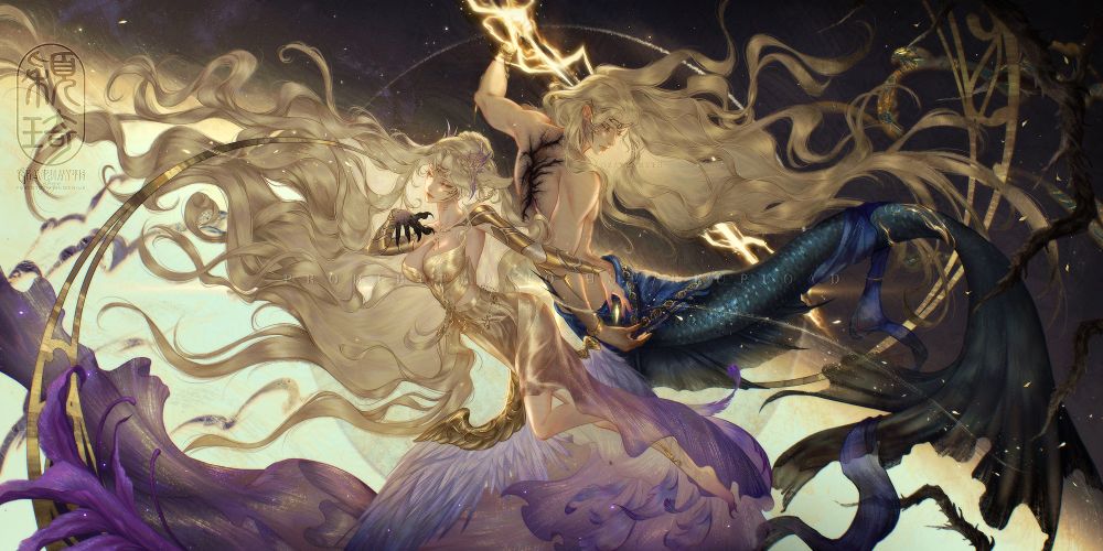 Elden Ring inspired artwork depicting Godwyn, Prince of Death wielding Death Lightning. Facing away from him is his sibling Megaera, Goddess of Graves (my OC) in her Twinbird transition form. Both of them have a hand hovering around a golden aura of Grace. A faint image of an eclipse sits behind them.