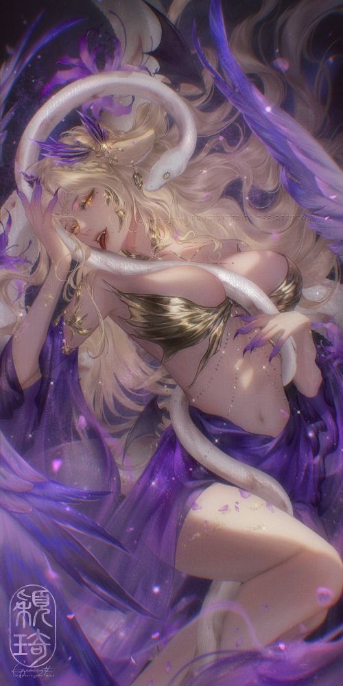 Art of my Elden Ring OC, Megaera. One of Base Serpent Messmer's winged serpents is wrapped around her body as she runs her tongue over it with a smile. A larger serpent is behind her with some Grave Violets.