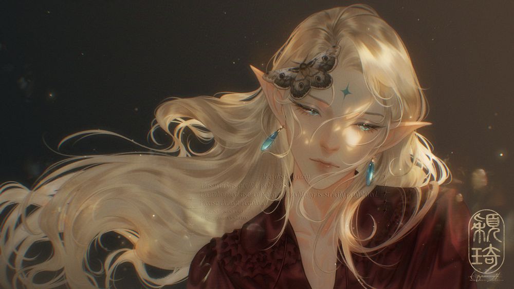 Art of an elven man with a long blonde hair and blue teardrop earrings. He wears a maroon colored silk shirt. There is a moth sitting on his face. Character belongs to saint-end.