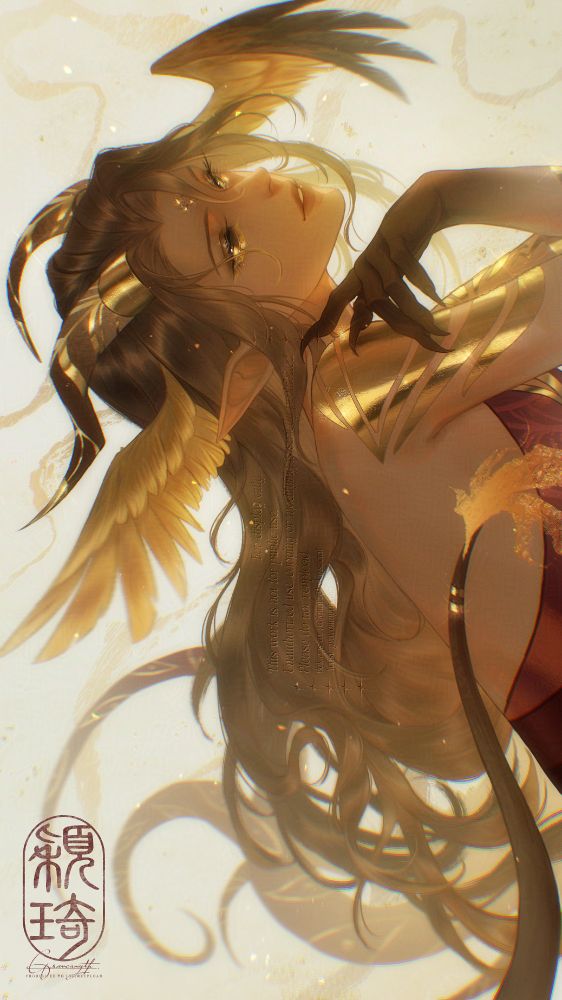 Art of a humanoid character (she/they) with asymmetrical horns, pointed ears with wings behind them and metallic markings. There are tendrils on their back and a have a tail with flames at the end. Character belongs to jquarze.