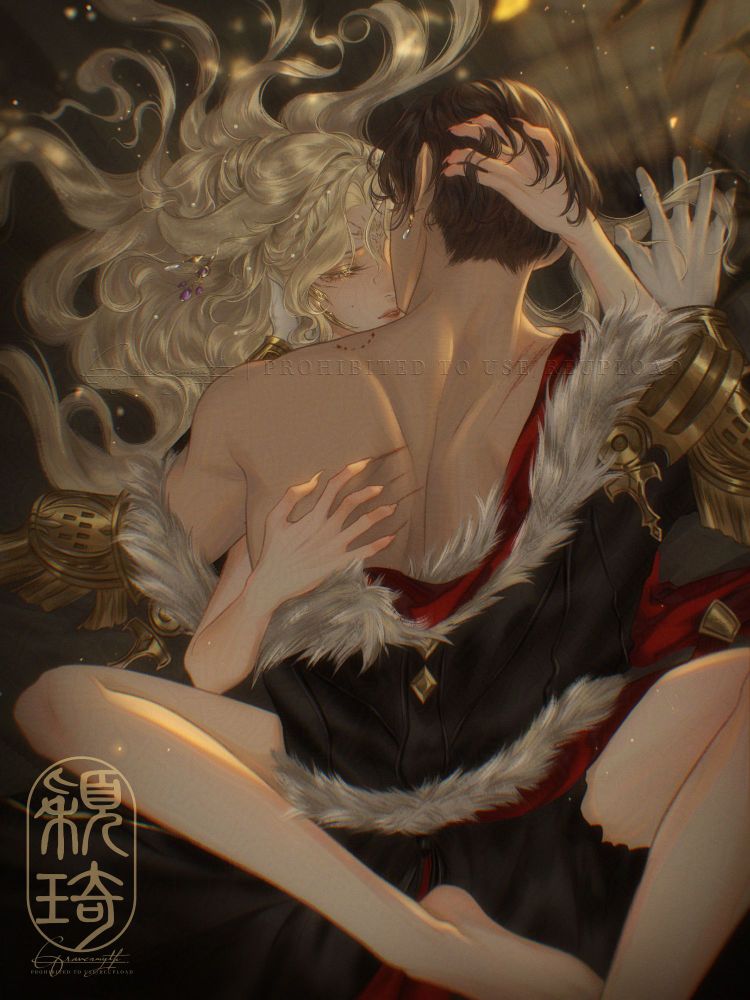 Art of Emet-Selch and my viera Warrior of Light from Final Fantasy 14. He lays on top of her with his back and shoulder exposed. She has her legs wrapped around him, a hand in his hair and the other hand leaving scratch marks on his back. 

...they are fucking, ofcourse. Good for them.