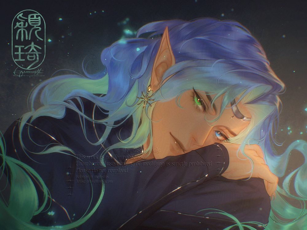 Art of an elven man with one green and one blue eye. He has long flowing blue hair that fades to a bright green. Character belongs to mmegistus.
