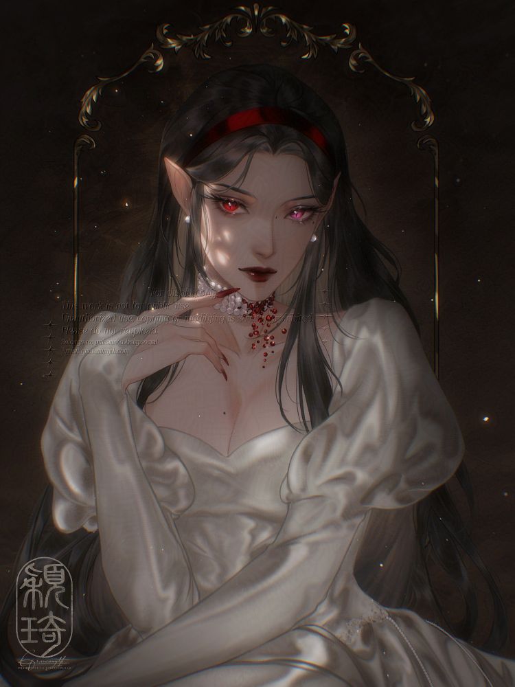 Art of a vampire woman with long black hair and a red headband. She has one red eye and one pink eye. She is in a long white dress with puffy sleeves. Character belongs to Yuksiiis.