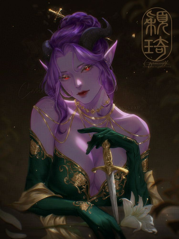 Commission art of a purple tiefling woman with a dagger in her hair. She wears a deep green dress with gold detailing and gold accessories. She sits at a table holding a dagger and a lily flower. Character belongs to Michaela.