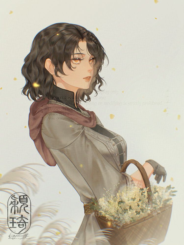 Art of a human woman with short black hair and orange brown eyes. She wears traveler's clothes and is holding a basket of flowers. Character belongs to lucikatran.