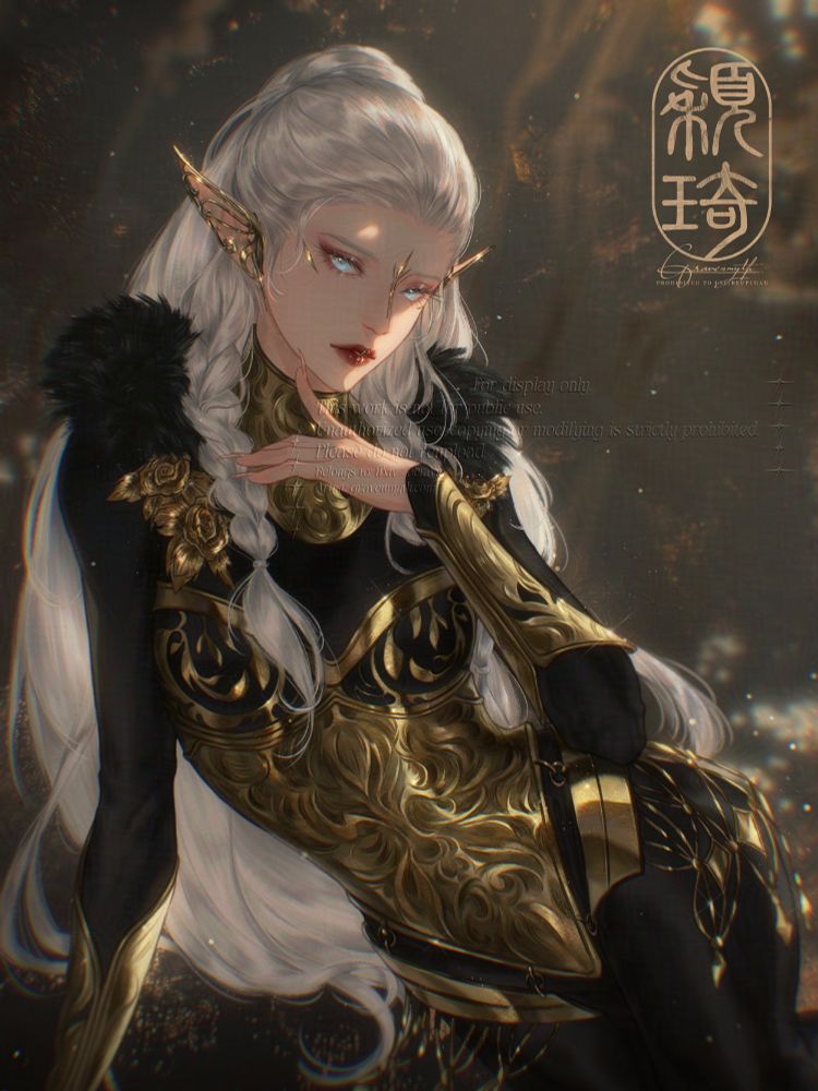Commission art of an elven woman with white hair and light blue eyes. She wears an ornate gold corset and gold accessories over a black bodysuit. Character belongs to ffxiv_octavia.