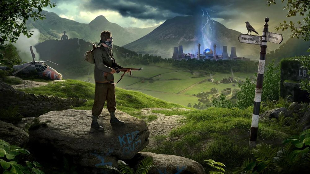 Der Hauptcharakter von Atomfall blickt auf ein blau glühendes Atomkraftwerk in der Ferne.