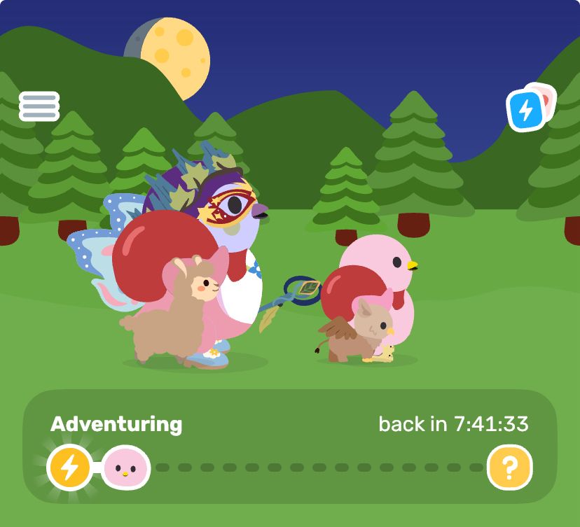 Screenshot of Finch app featuring two birds (users) and their micro pets going on an adventure.