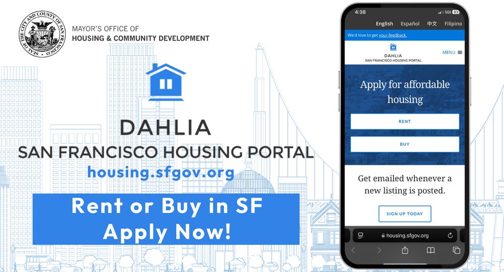 Text reads: DAHLIA - San Francisco Housing Portal, housing.sfgov.org, Apply or Buy in SF, Apply now!

Screenshot of webpage on iphone