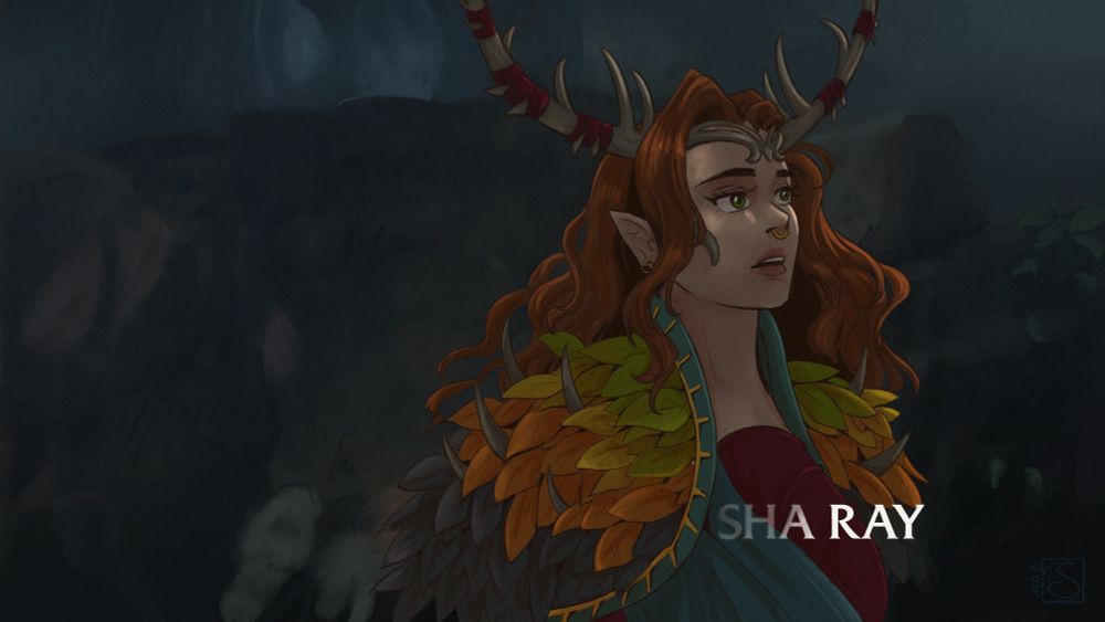 A recreation of a frame from the first "Thursday Night" opening, featuring Keyleth as Marisha Ray. She is stepping towards the right of frame looking upwards with a wonder in her expression.