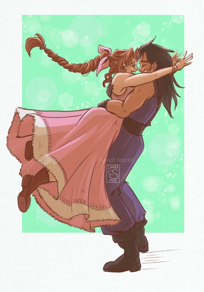 Fanart of Aerith and Zack from Final Fantasy 7. Zack stands on the right in profile as Aerith is leaping into his embrace. Her arms stretch over his shoulders as his wrap tightly around her waist. Her pink dress billows out behind her. They are nose to nose laughing as a few tears drift out of Aerith's eye.