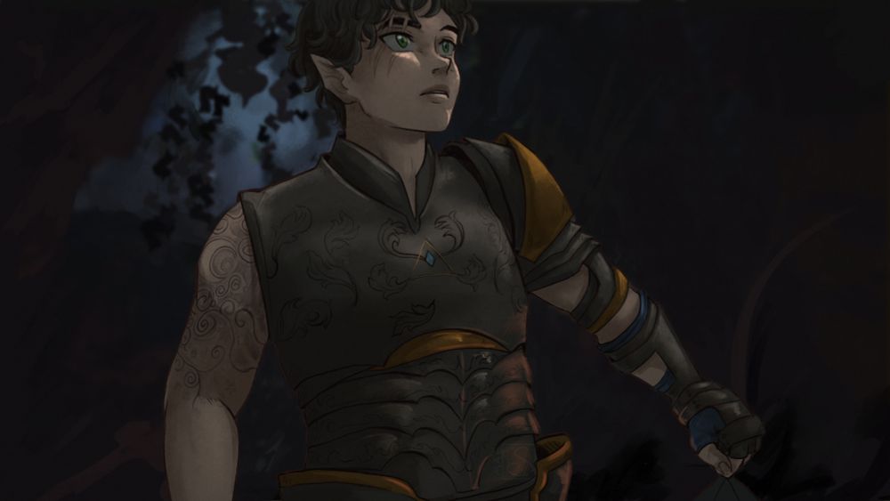 A recreation of a frame from the first "Thursday Night" opening, featuring Orym as Liam. He is looking up towards the top right of frame as moonlight hits his face.