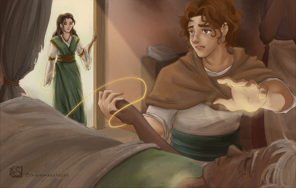 Fanart of Critical Role: Downfall. It is a moment where Ayden holds a dying man's hand and attempts to heal him. There is a sad realization on Ayden's face, seeing the invisible golden thread leading away towards Emhira, who stands at the door quietly watching on. Ayden is on the right of the painting, his left hand reaching forward and glowing. In the background there is a doorway with sunlight pouring in, and Emhira stands covered in shadow.