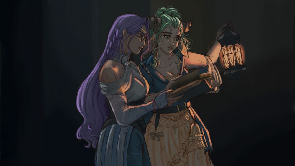 A recreation of a frame from the first "Thursday Night" opening, featuring Imogen and Fearne as Laura and Ashley. They are looking over a book together while they walk and Fearne is holding up a lantern.