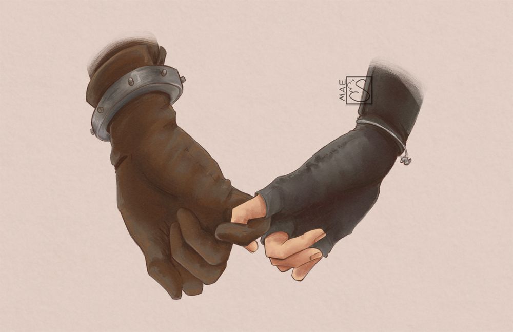 Fanart of Final Fantasy 7. It's a close up of Cloud's right hand and Tifa's left hand locking pinkies gently. 