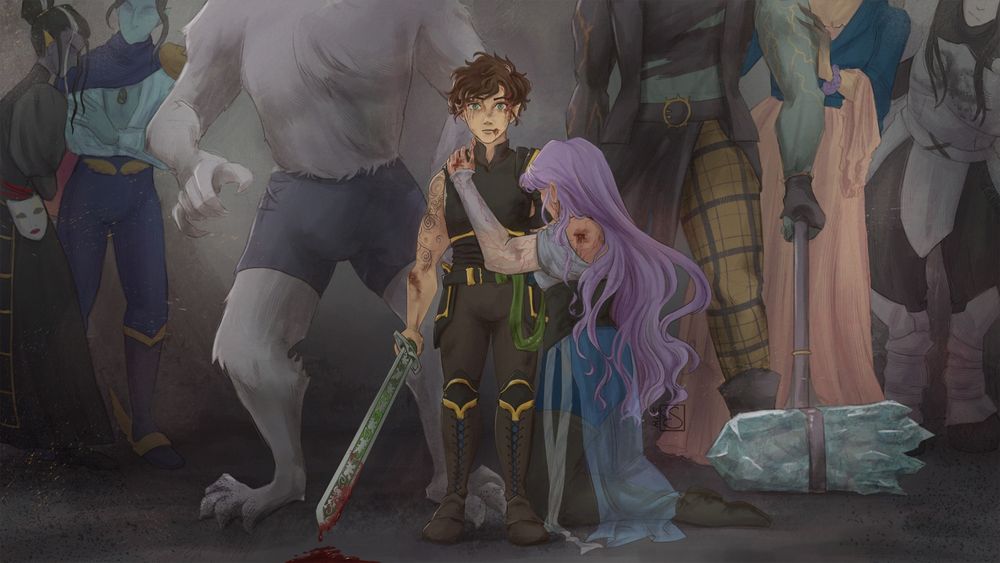 Fanart of Critical Role. May contain spoilers for episode 118. Orym is center frame, facing forward with his sword hanging by his side dripping with blood. There is a blank, stunned look on his face. Imogen is on her knees to his left, hugging him close and hiding her face. The rest of Bells Hells is scattered behind them, most of their faces not visible in the frame. Their body language all face forward and seem hesitant.