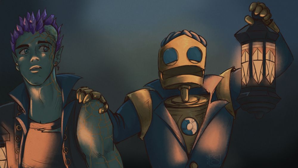 A recreation of a frame from the first "Thursday Night" opening, featuring Ashton and FCG as Talisin and Sam. FCG is holding up a lantern while both look surprised and worried standing side by side in the dark.