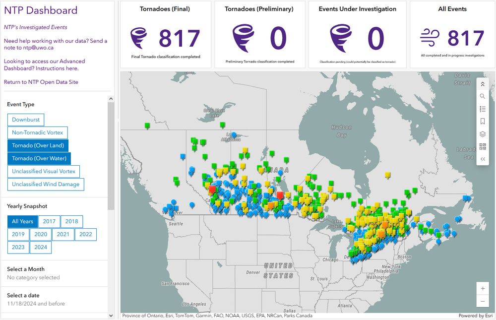 Map of tornadoes in Canada from 2017 to 2024