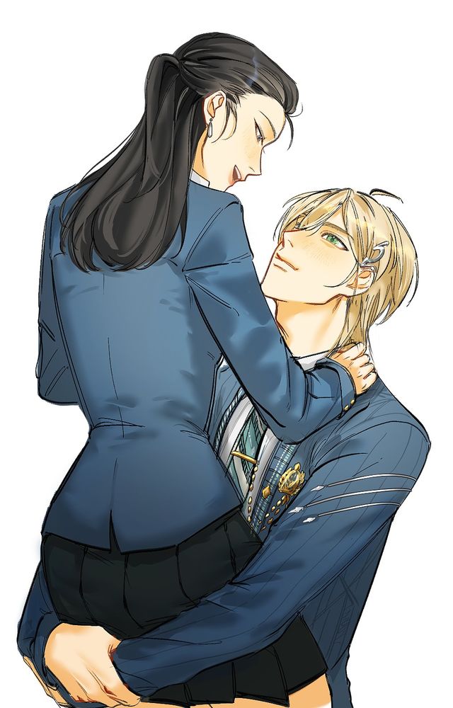 Alkaid from Lovebrush Chronicles wearing his second birthday outfit ingame, carrying my OC Char, who is in a similar outfit with him. THey're both looking into each other's eyes and smiling. 

🎨: Yu Hana (FB)