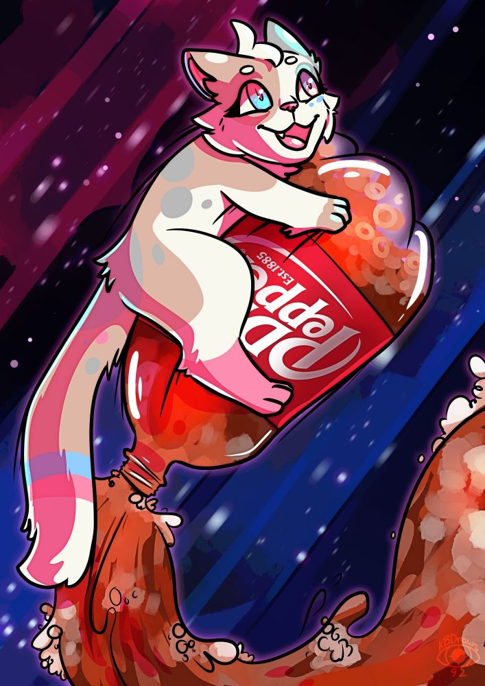 A diluted calico cat character hanging onto a big bottle of Dr Pepper blasting off into space