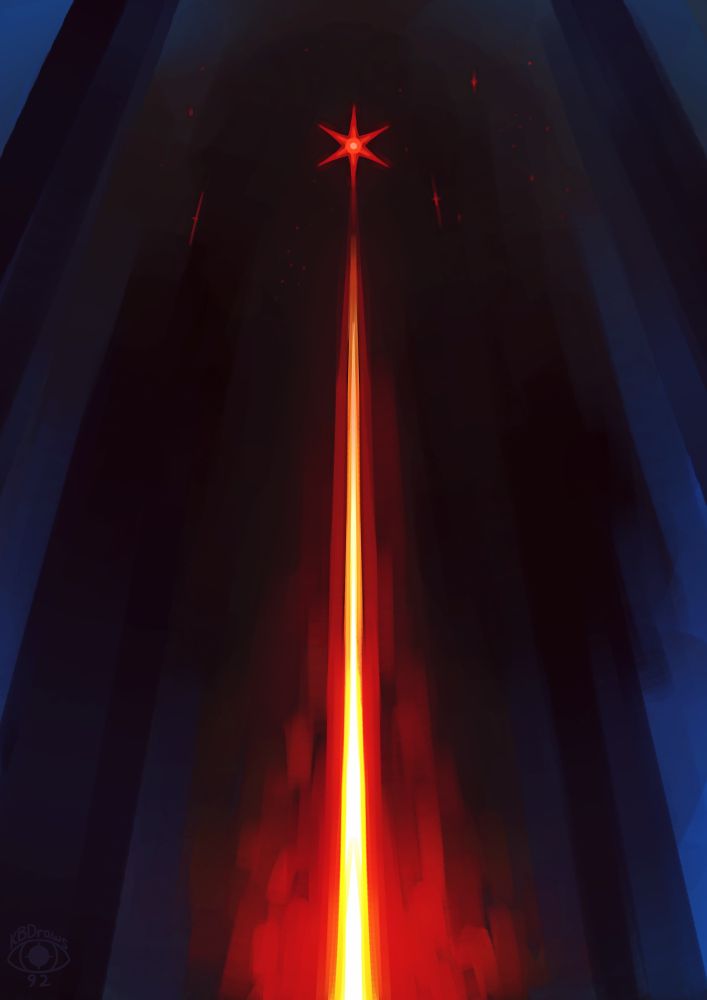 An abstract landscape with seemingly towering buildings in the dark, a bright star in the sky shoots down a thin beam of light