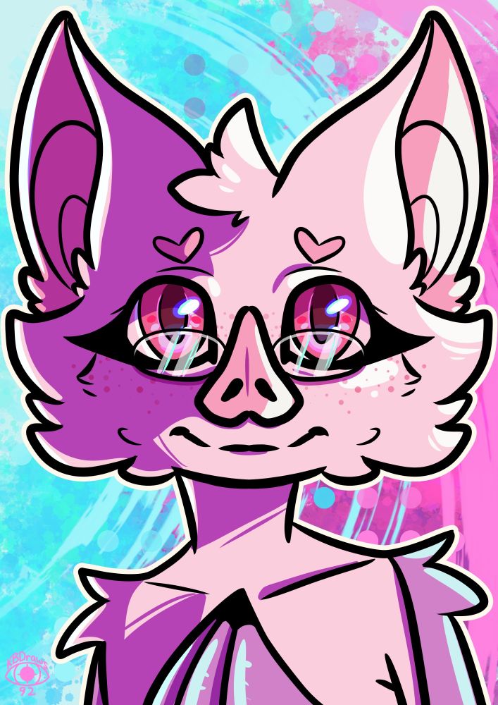 Portrait of a pink bat furry with magenta eyes and small glasses