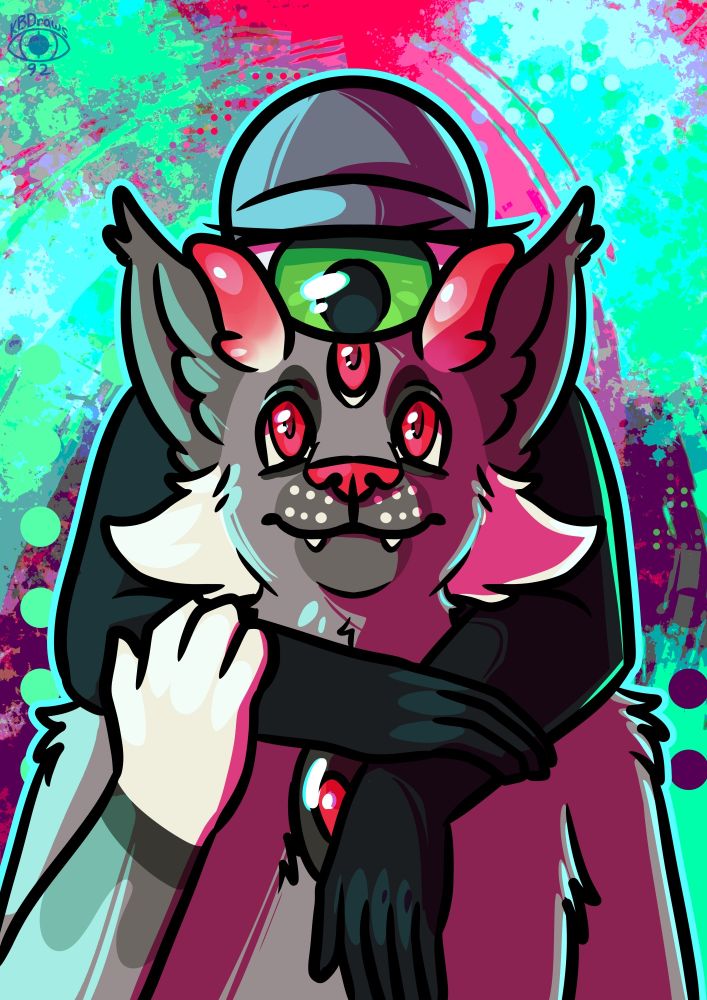 A character with a floating eyeball for a head is leaning on a cat furry, having their arms around them, the cat character looks up at them with a kind look