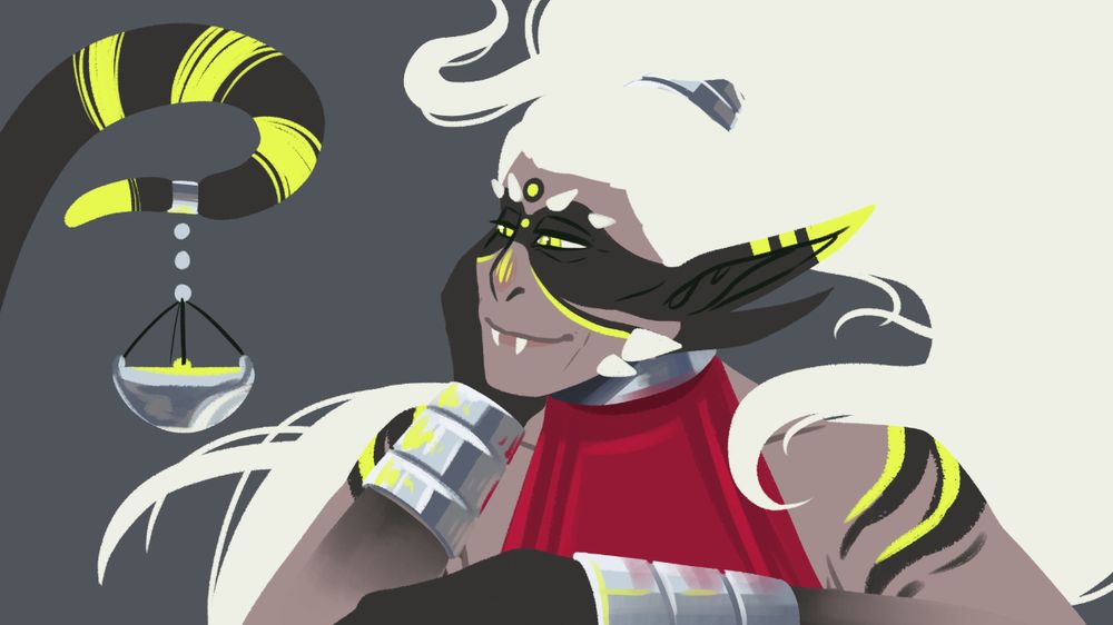 Drawing of a character with spikes for eyebrows, incredibly long and flowy hair in a ponytail, two pointy ears and a fanged smile leaning their head on their hand looking to the side to a bowl being held up by their tail