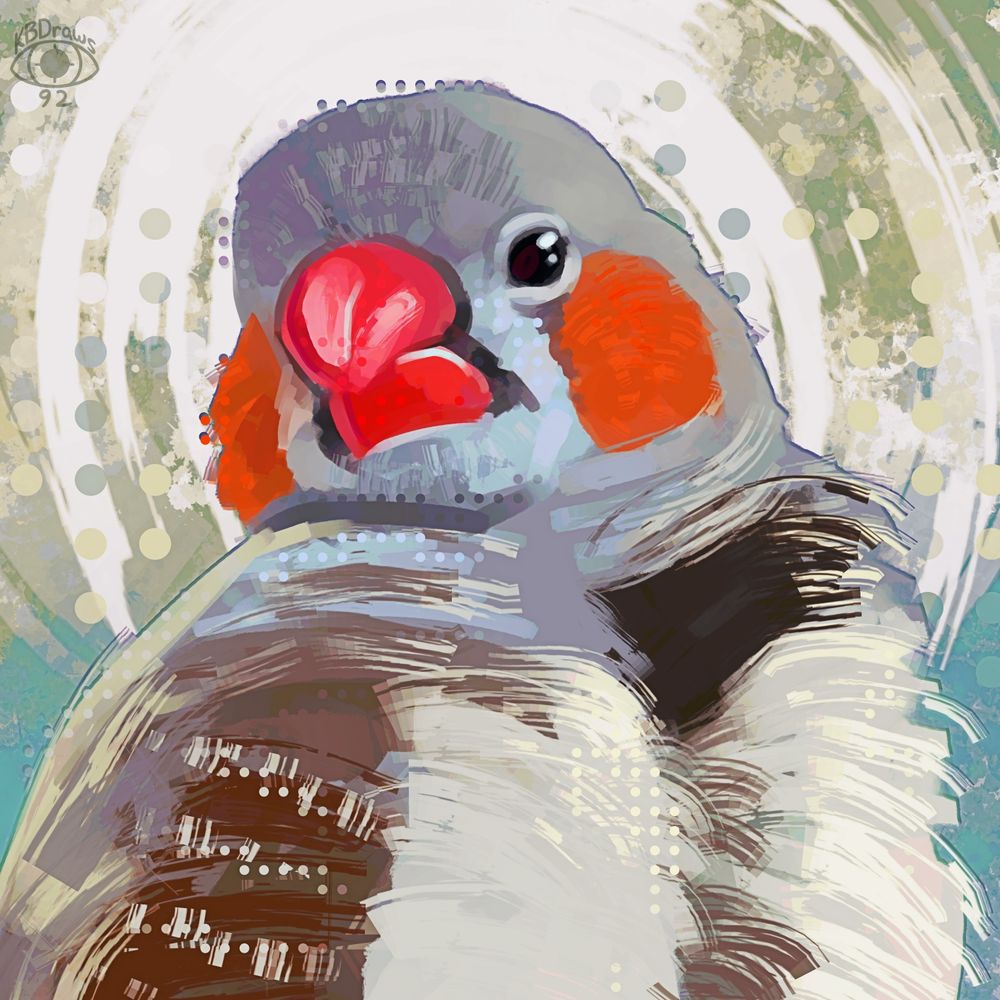 An impressionistic digital portrait of a zebra finch