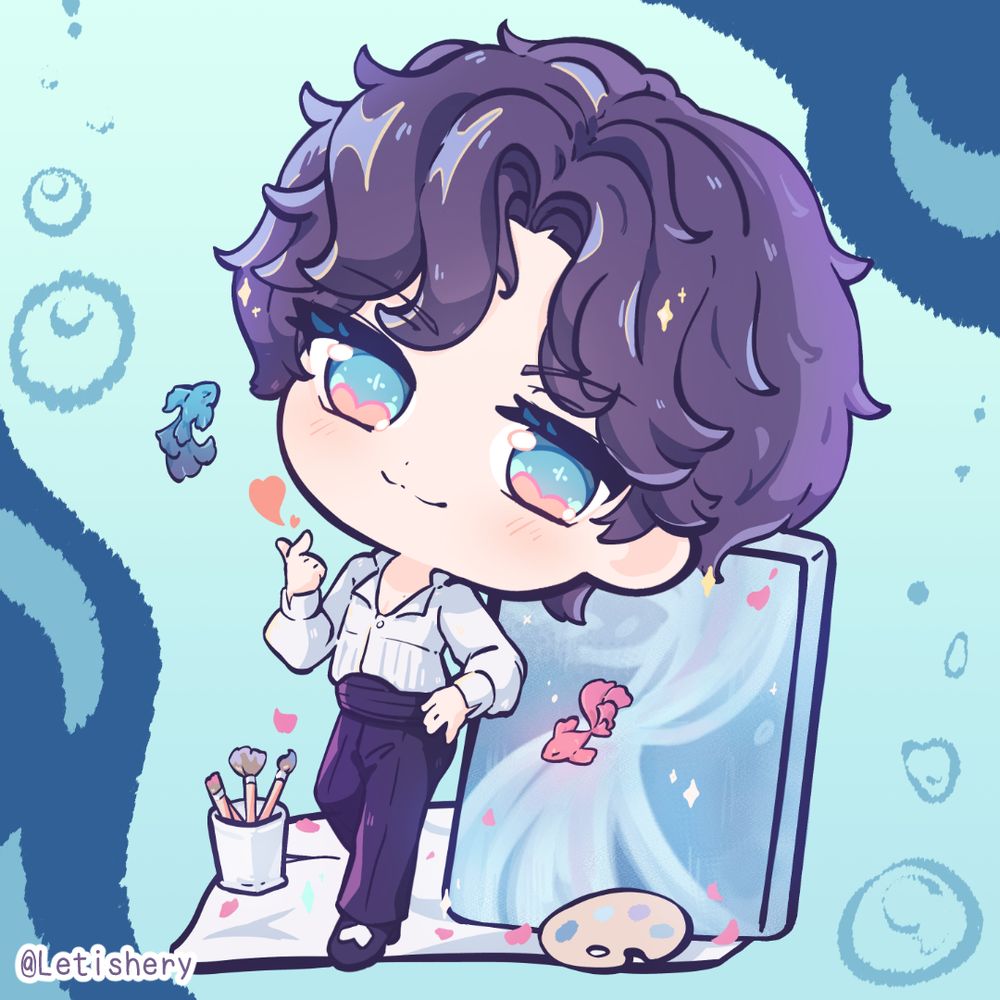 Chibi Rfayel from Love and Deppspace with two fishes floating around him and posing with a heart finger