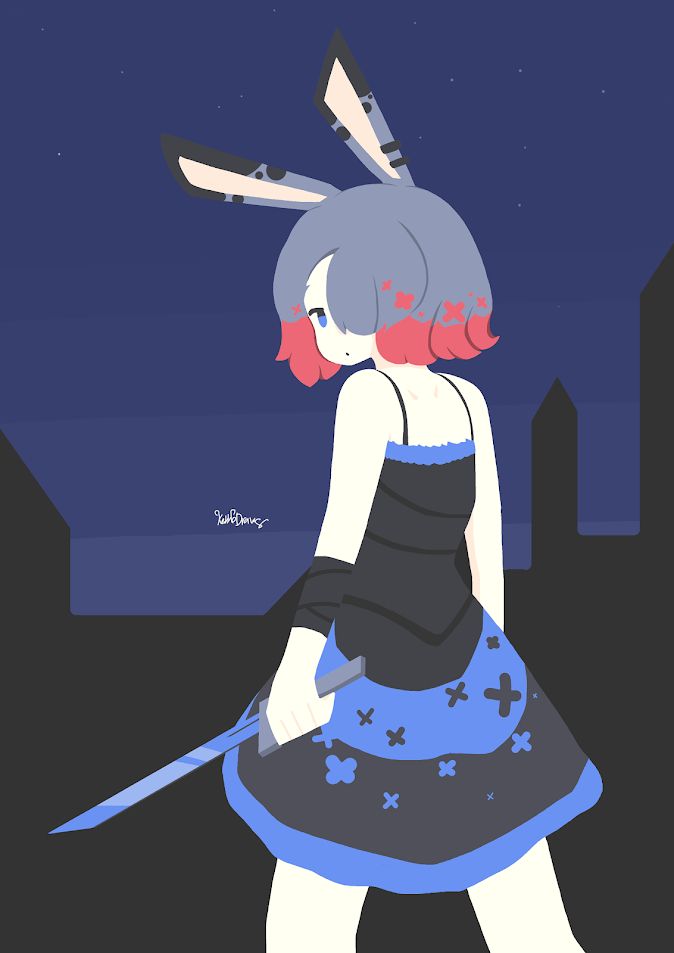 Assassin rabbit from rabbit and steel with their back turned while they're holding a knife looking all cool with a Church Mouse background which complements the colour pallet of the rabbit.