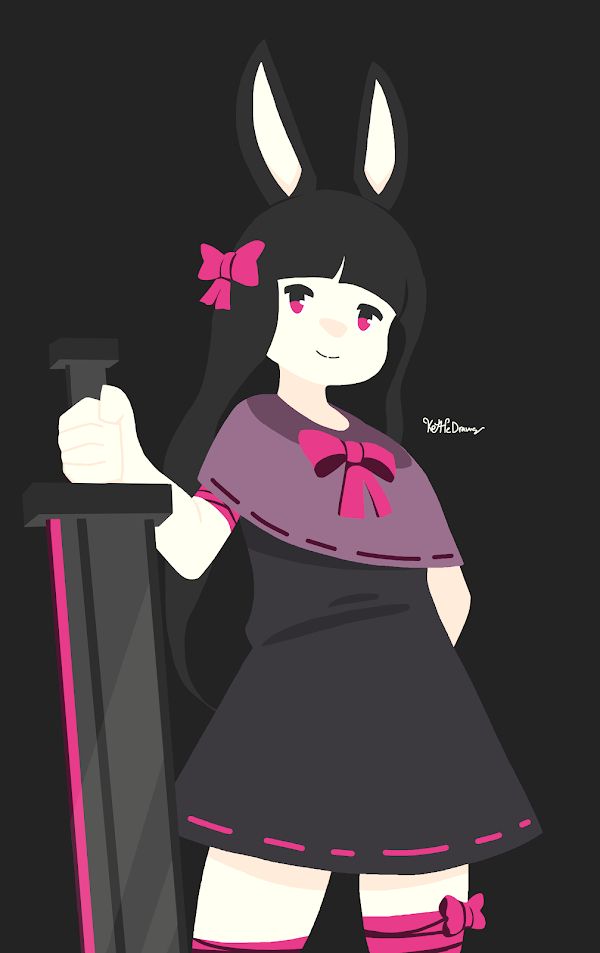 Heavyblade rabbit from Rabbit and Steel holding their comically giant sword where the shading of the bunny blends in together with the background