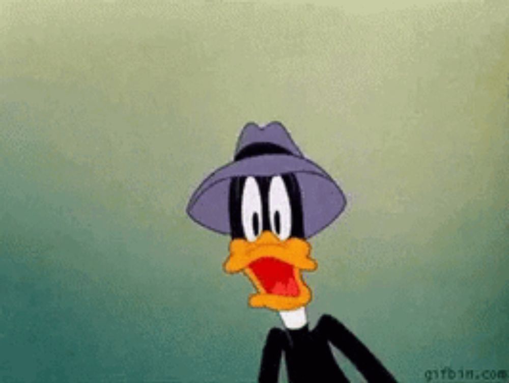 a cartoon duck wearing a hat and a suit is standing with his mouth open .